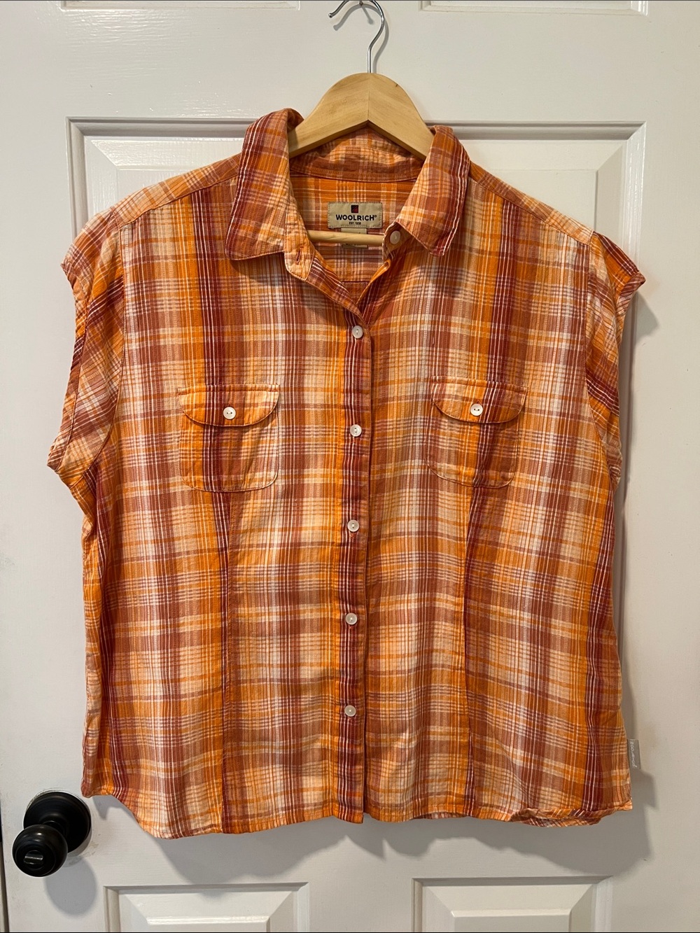 Woolrich Orange and Cream Plaid Sleeveless Button Shirt